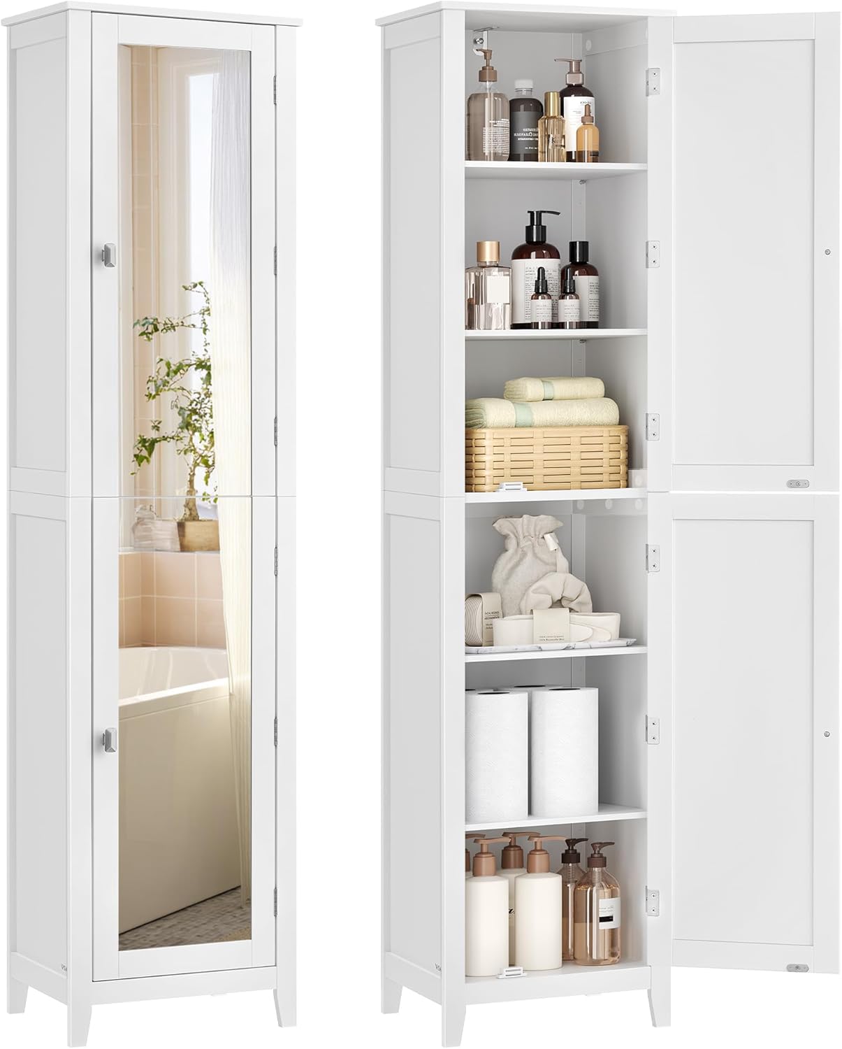 VASAGLE Badezimmerschrank mit Ganzkörperspiegel, Hochschrank, Badschrank mit verstellbaren Ablagen, 30 x 40 x 160 cm, für kleine Räume, Wohnzimmer, Flur, wolkenweiß BBC764WH01