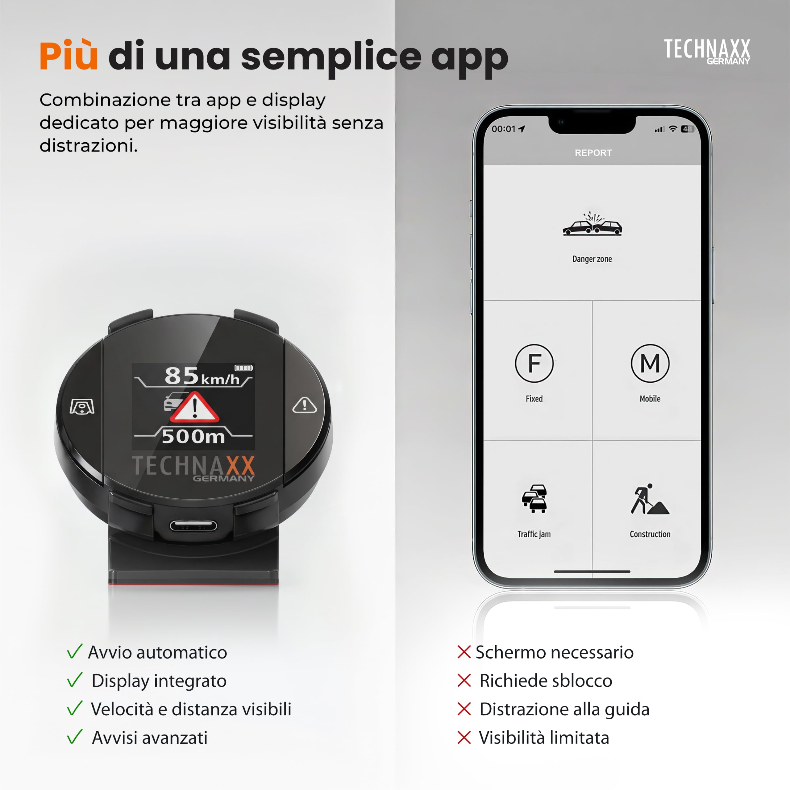 Technaxx Rilevatore di Radar con Blitzer.de – Dispositivo di Allerta con Display, Avvisi su Limiti di Velocità e Pericoli, Visualizzazione in Tempo Reale, Attivazione Automatica - TX-388
