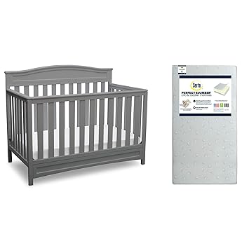 Delta Children Emery 4-in-1 Convertible Crib, Grey + Serta Perfect Slumber Dual Sided Recycled Fiber Core Crib and Toddler Mattress (Bundle)