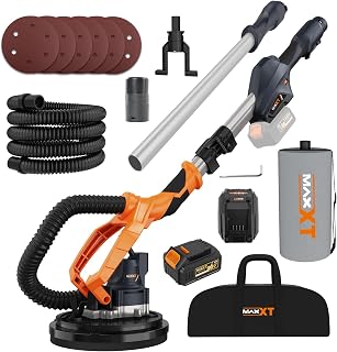 MAXXT 20V Brushless Cordless Wall Sander: 600-1200 RPM stepless speed control, self-extraction dust system, 225mm disc for efficient sanding, foldable design (extends 110-165cm) for walls and ceilings