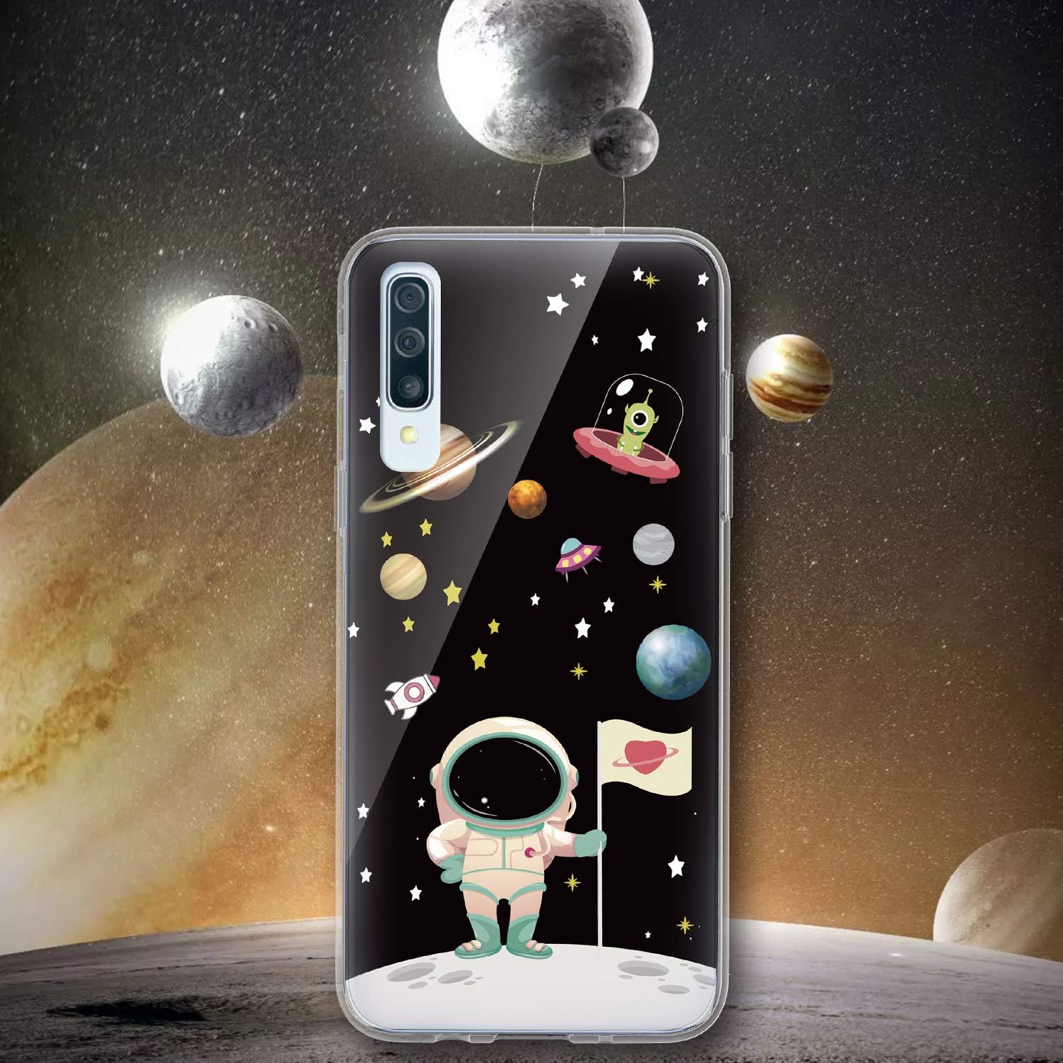 TJS Phone Case Compatible with Samsung Galaxy A50 2019, with [Full Coverage Tempered Glass Screen Protector] Ultra Thin Slim TPU Matte Color Design Transparent Clear Soft Skin Cover (Astronaut)