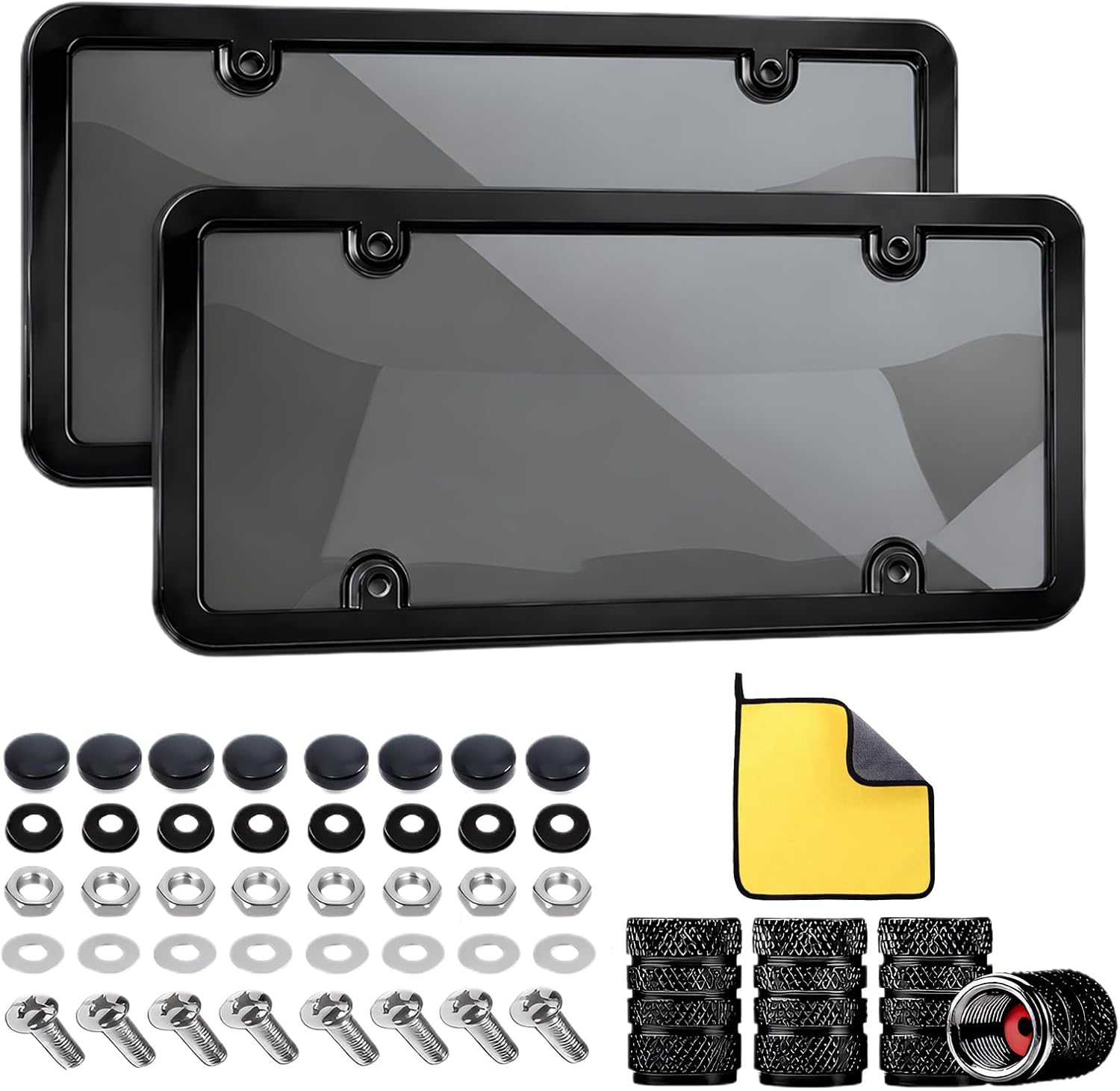 2 Pack Clear License Plate Covers: Flat License Plate Frame Unbreakable Plastic Shields Tag Holder Fits Standard US Plate with Screws Caps