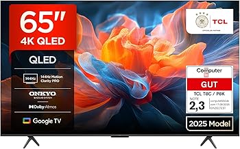 TCL 65T8C 65 Zoll QLED 4K HDR UHD Fernseher, Smart Google TV Dolby Vision Atmos,144Hz Motion Clarity Pro, Game Bar, ALLM, FreeSync, Onkyo 2.1 Sound, Sprachsteuerung, Kompatibel mit Google Assistant