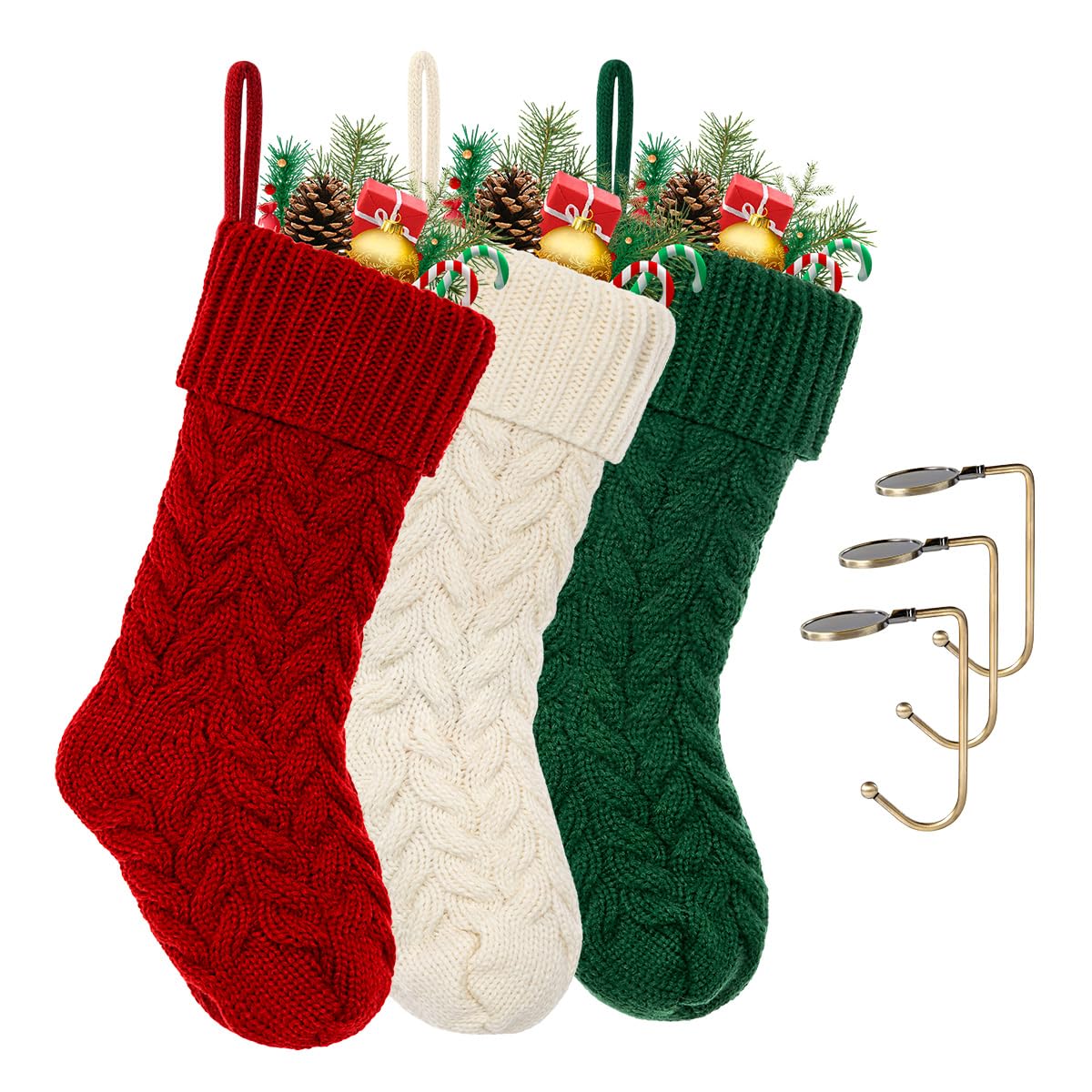 Set di calze natalizie classiche da 8,1 cm, a maglia, grandi e classiche, da appendere al caminetto, per bambini, per feste di famiglia, feste, decorazioni natalizie (rosso, bianco, verde)