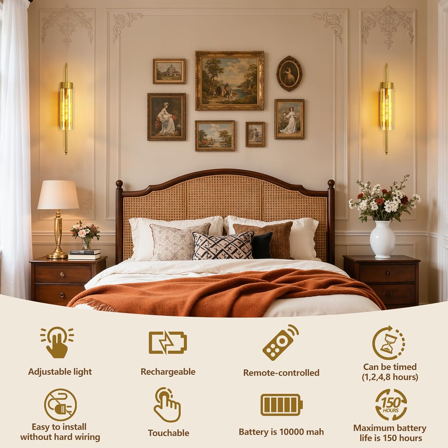 Battery Operated Wall Sconces Set of 2, 19" Dimmable Timer Remote Gold Rechargeable Wireless Modern Wall Lights with Amber Glass, Wall Decor Fixtures for Bathroom Living Room Bedroom Hallway