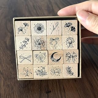 YGONTAK 16Pcs Wooden Mounted Rubber Stamps Set - Plant Flower Bowknot Patterns for DIY Card Making Scrapbooking Crafts