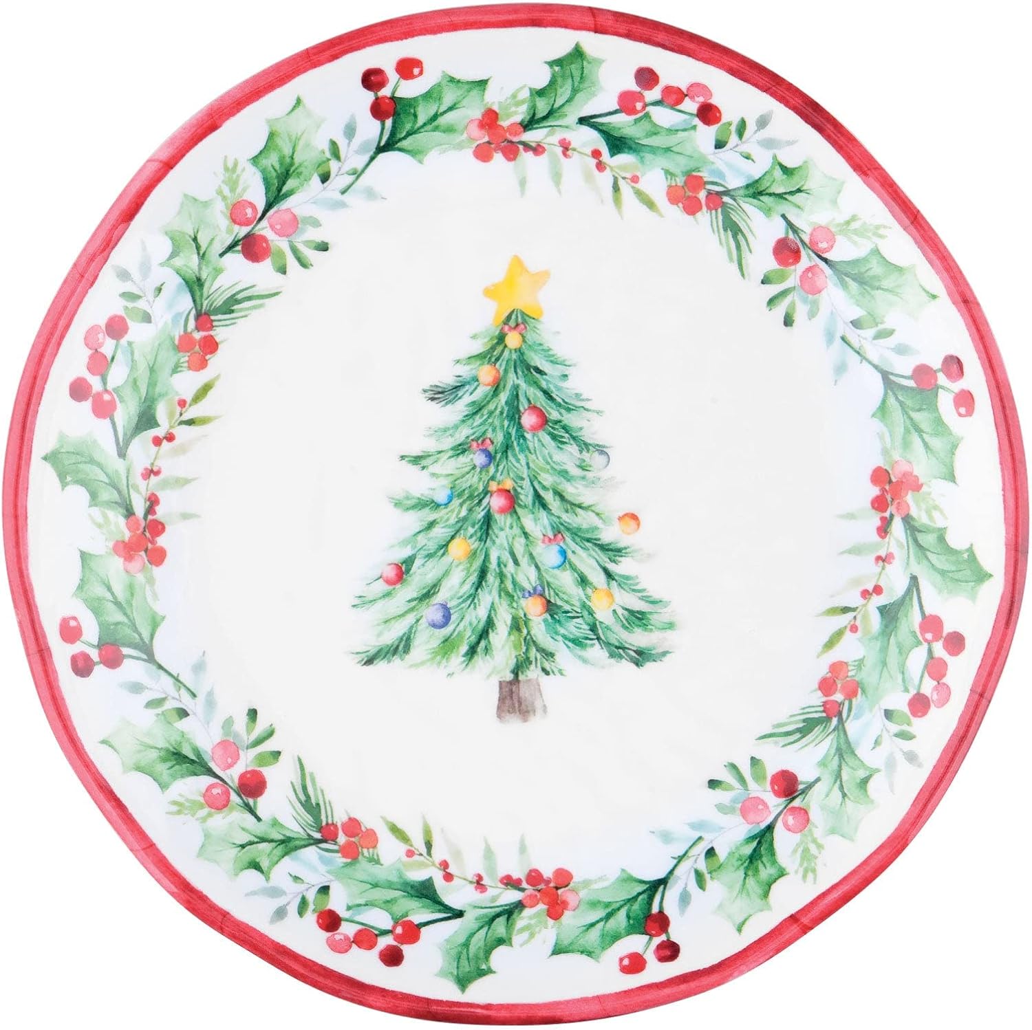 UP UPware Christmas Tree Melamine Round Dessert Plates, Small Serving Plates, Christmas Decorations, for Appetizer, Snacks, and Side Dishes, Red and Green, 6 Inch, Set of 4