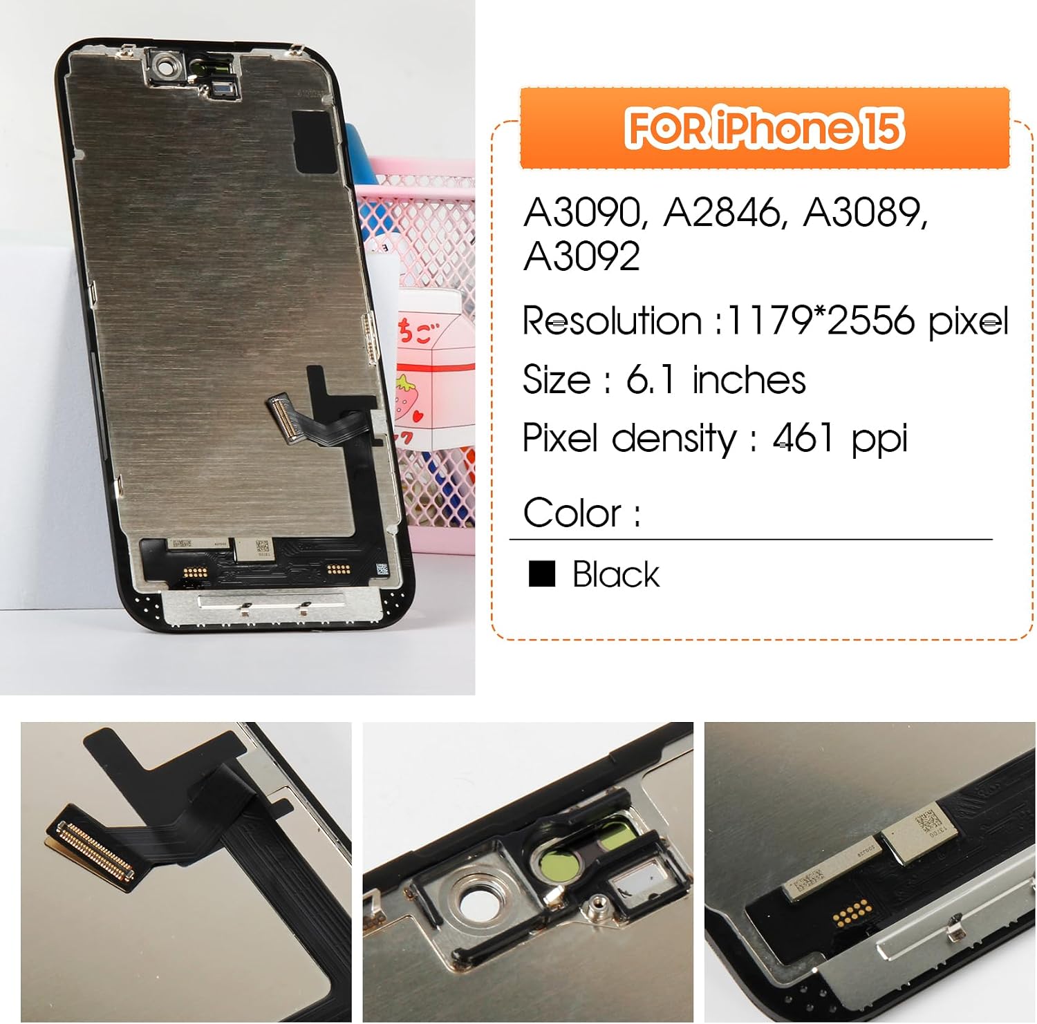 Not Original for iPhone 15 Replacement Screen - LCD 6.1" Touch Screen - Compatible with A3090, A2846, A3089, A3092 - Easy Installation & High Sensitivity(Black No Frame)