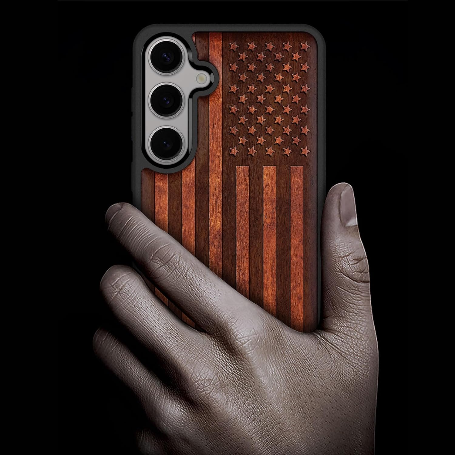 Carveit Wood Case for Galaxy S25 Case 2025 [Natural Wood & Black Soft TPU] Shockproof Protective Cover Unique Wooden Design Compatible with Samsung S25 (American Flag-Rosy)