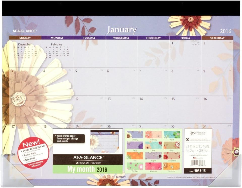 AT-A-GLANCE Monthly Desk Pad 2016, Flowers, 12 Months, 22 x 16.81 Inch Page Size (5035-16)