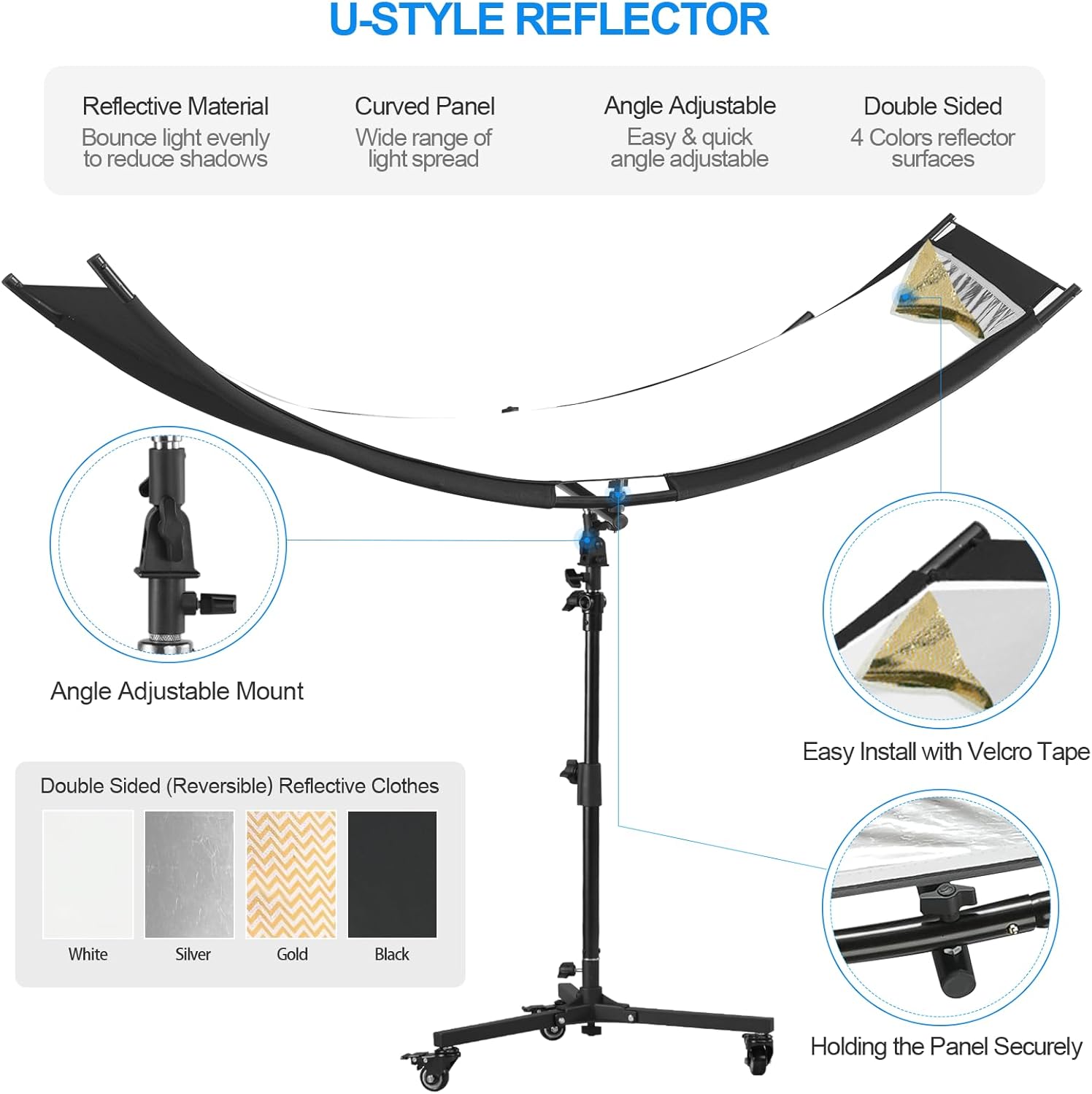 WELLMAKING Clamshell Light Reflector Diffuser with Carrying Bag, 71”×23”/180x60cm Photography Curved Lighting Reflector for Photo Studio Photography & Outdoor Lighting, Black/White/Gold/Silver Colors