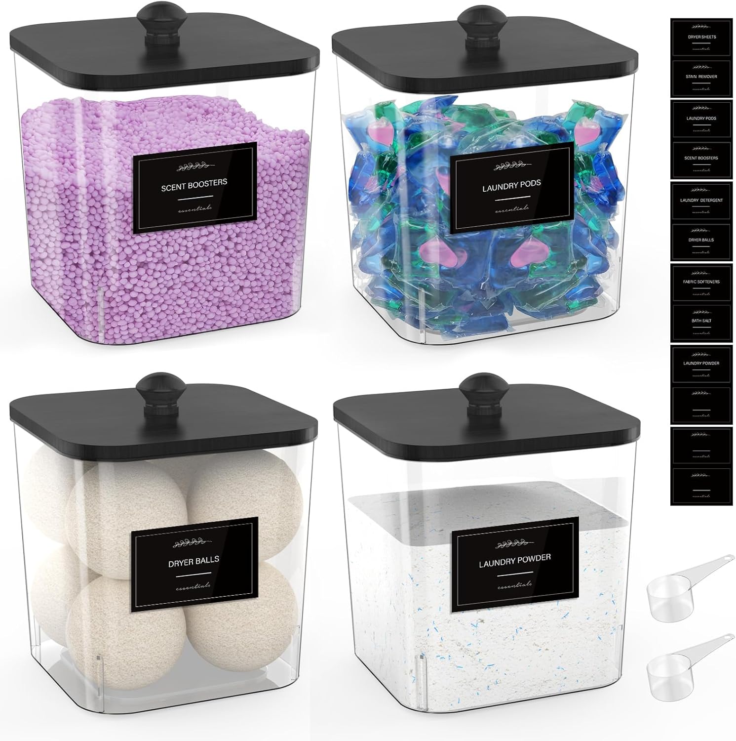 4 Pack Clear Laundry Pods Container, Plastic Square Laundry Room Organization and Storage Jars with Black Lids, Scoops & Labels for Detergent, Powder, Dryer Balls
