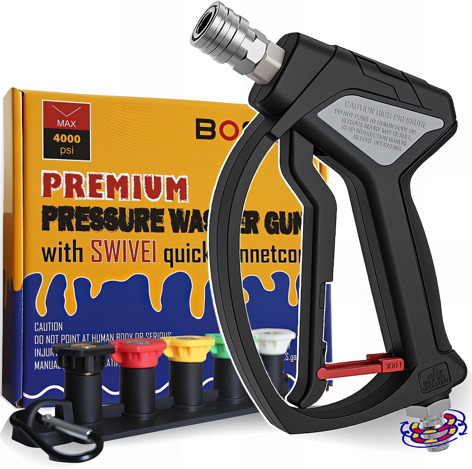 BOSEA Car Wash Swivel Gun, Pressure Washer Gun with Tips and Nozzle Holder, Nickel-Plated Real Copper Valve, Durable Swivel Gun with 3/8" Swivel Connector for Pressure Washers Machine