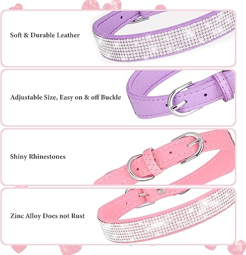 Miniatura 10 de Collar de perro para perros pequeños, paquete de 2 collares ajustables de cuero para perro, collar de gato con diamantes de imitación (S, negro y