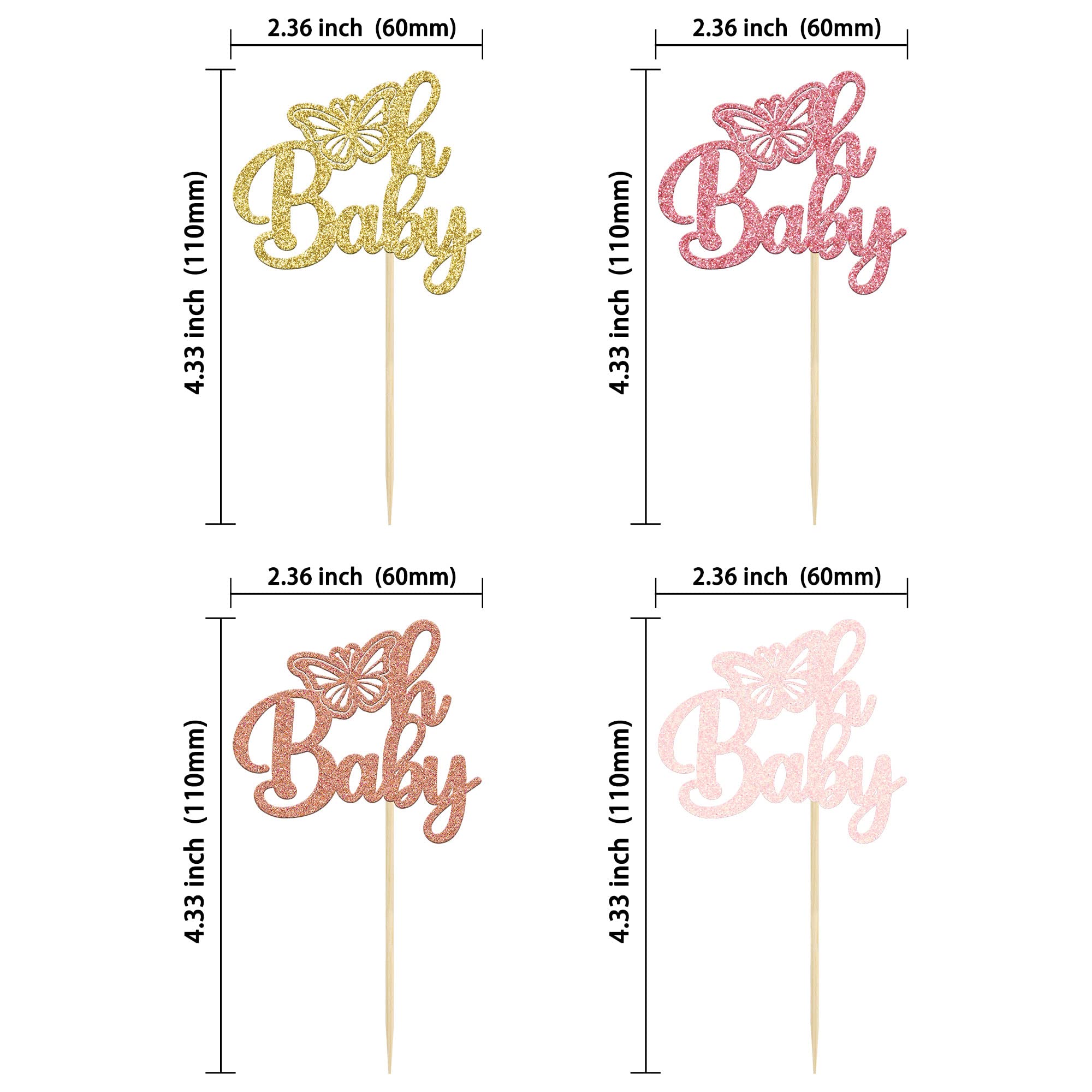 Gyufise 24Pcs Multicolor Glittery Oh Baby Butterfly Cupcake Toppers - Baby Shower Girl Butterfly Decoration - Gender Reveal Party Supplies