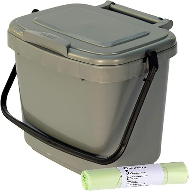 5 Litre Plastic Kitchen Compost Caddy with 50x Tie handle bags, Silver/Grey