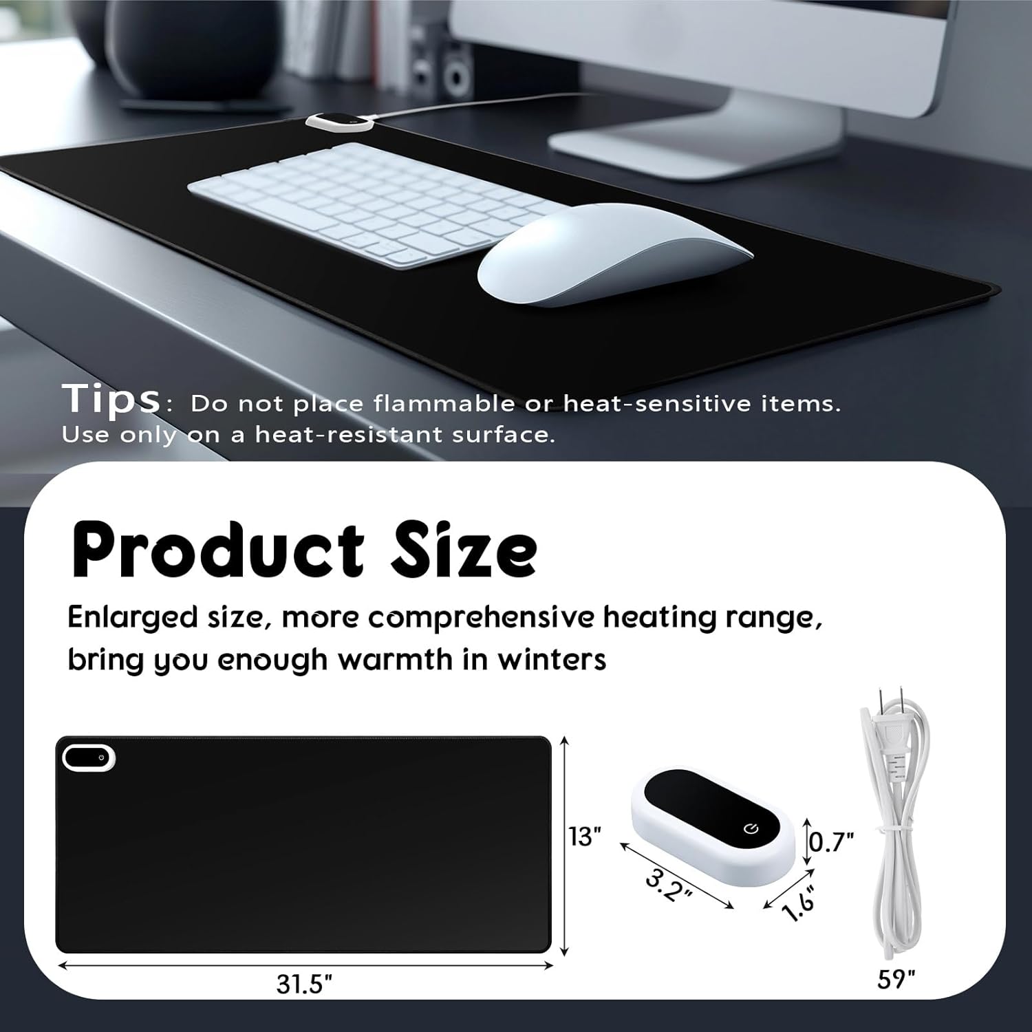 Konohan Heated Desk Pad Warm Mouse Pad, 5 Heating Level & 4 Hour Auto Shut-Off, PU Leather Warm Mouse Mat Heating Keyboard Gaming Mice Warmer Mat Only Supports 110v(Black Color,31.5" X 13")