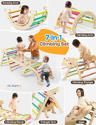 Miniatura 9 de Juego de triángulos Pikler 7 en 1, juguetes plegables para escalar bebés, juego de escalada Montessori de madera maciza, escalador para bebés, patio