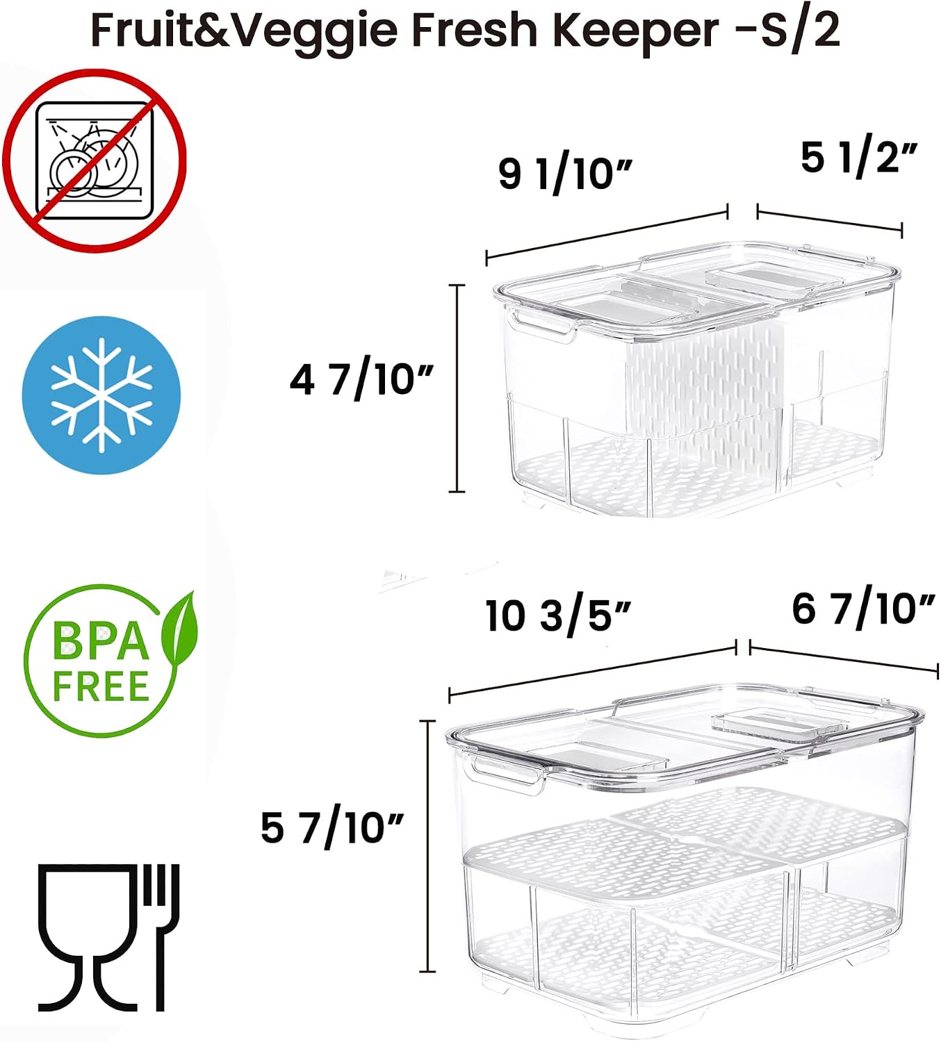 vacane Produce Saver with Lids, 2 Piece Fruit Vegetable Storage Container with Vents Stackable Fridge Drawers Organizer Salad Lettuce Keeper For Refrigerator,Bpa-free Fresh Keeper,5.7L&2.8L