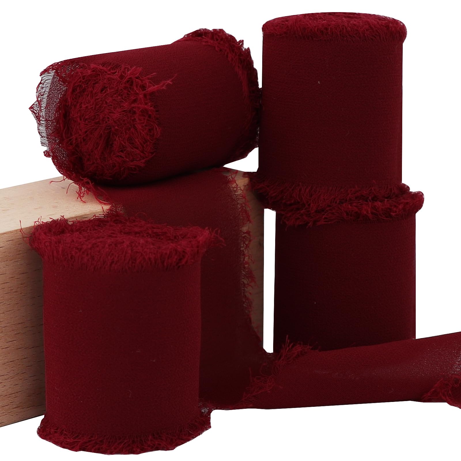 TONIFUL 4 Rolls Silk Chiffon Ribbon, 1-1/2 Inch x 22yds, Dark Red Claret Chiffon Ribbons, Handmade Fringe Silk Ribbon for Valentine's Day Gift Wrapping Bridal Bouquets Wedding Decoration Crafts