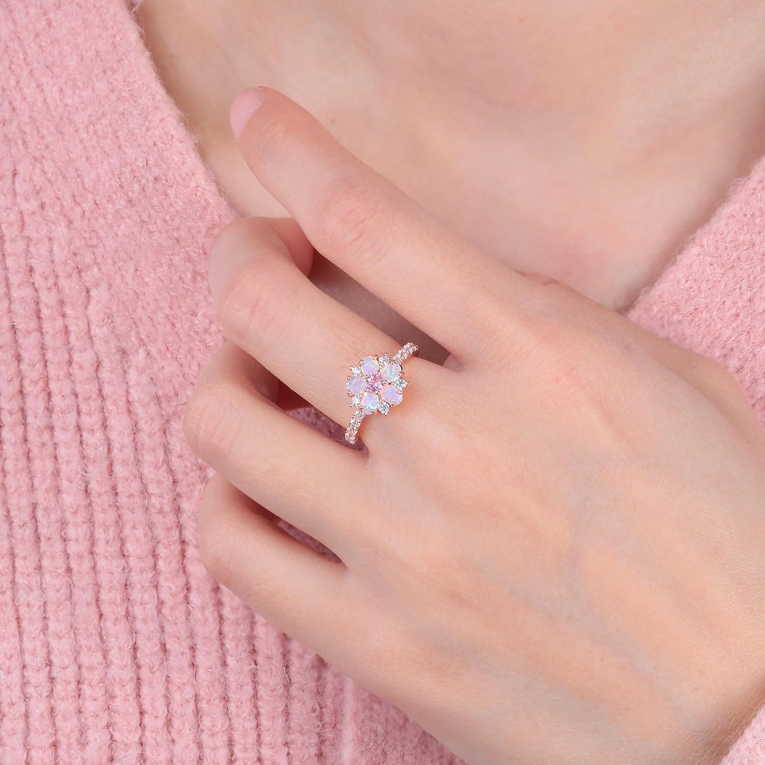 CiNily Opal Engagement Rings 14K Silver Plated Flower Opal Wedding Bands for Women Eternity Ring Cubic Zirconia Promise Rings for Her Diamond Accents Ring Valentine Gifts for Women Size 5-12
