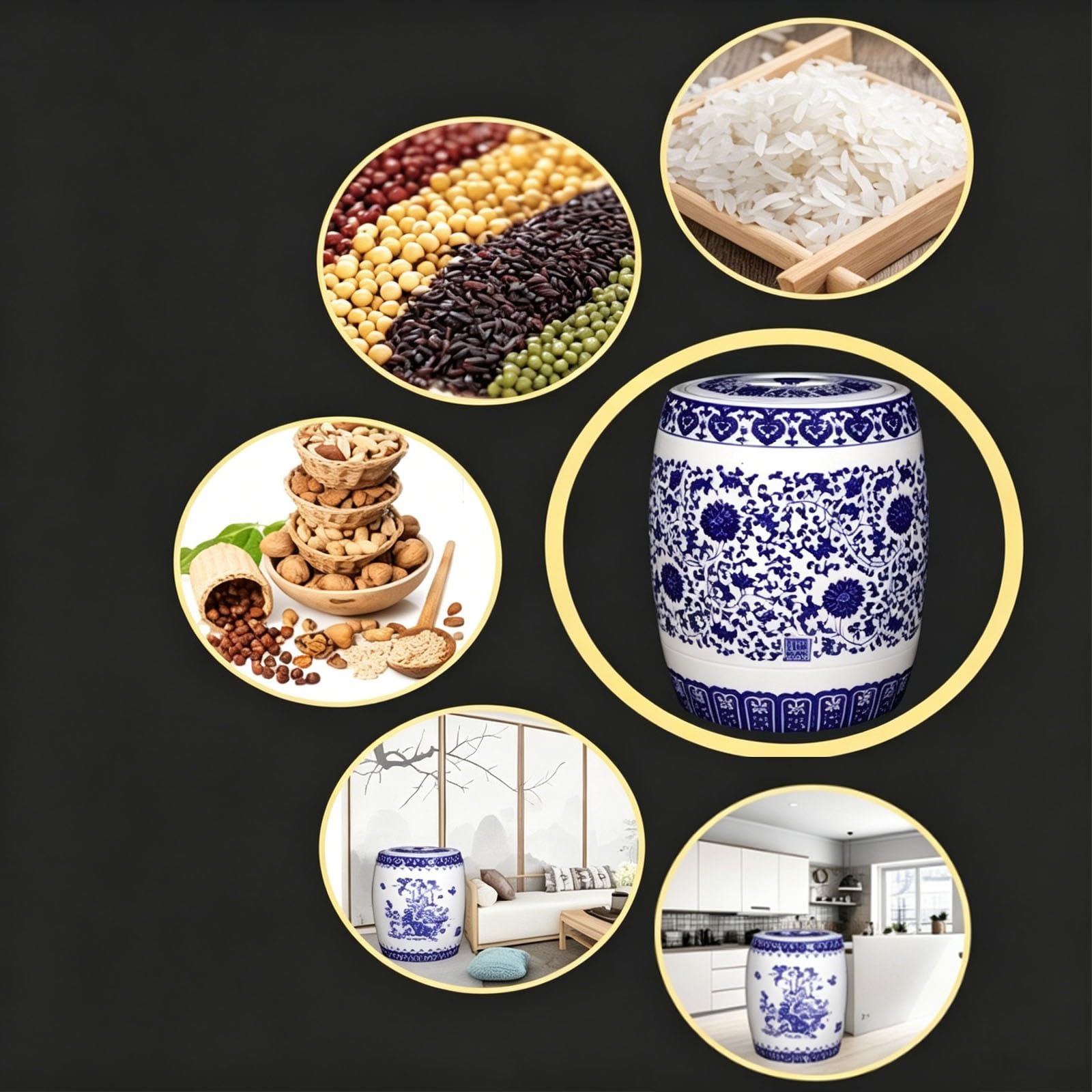 Contenedor de Cerámica Azul y Blanco, Tarro de Porcelana para Organización de Casa y Cocina, Capacidad 10kg 15kg 25kg, Recipiente para Materiales Secos