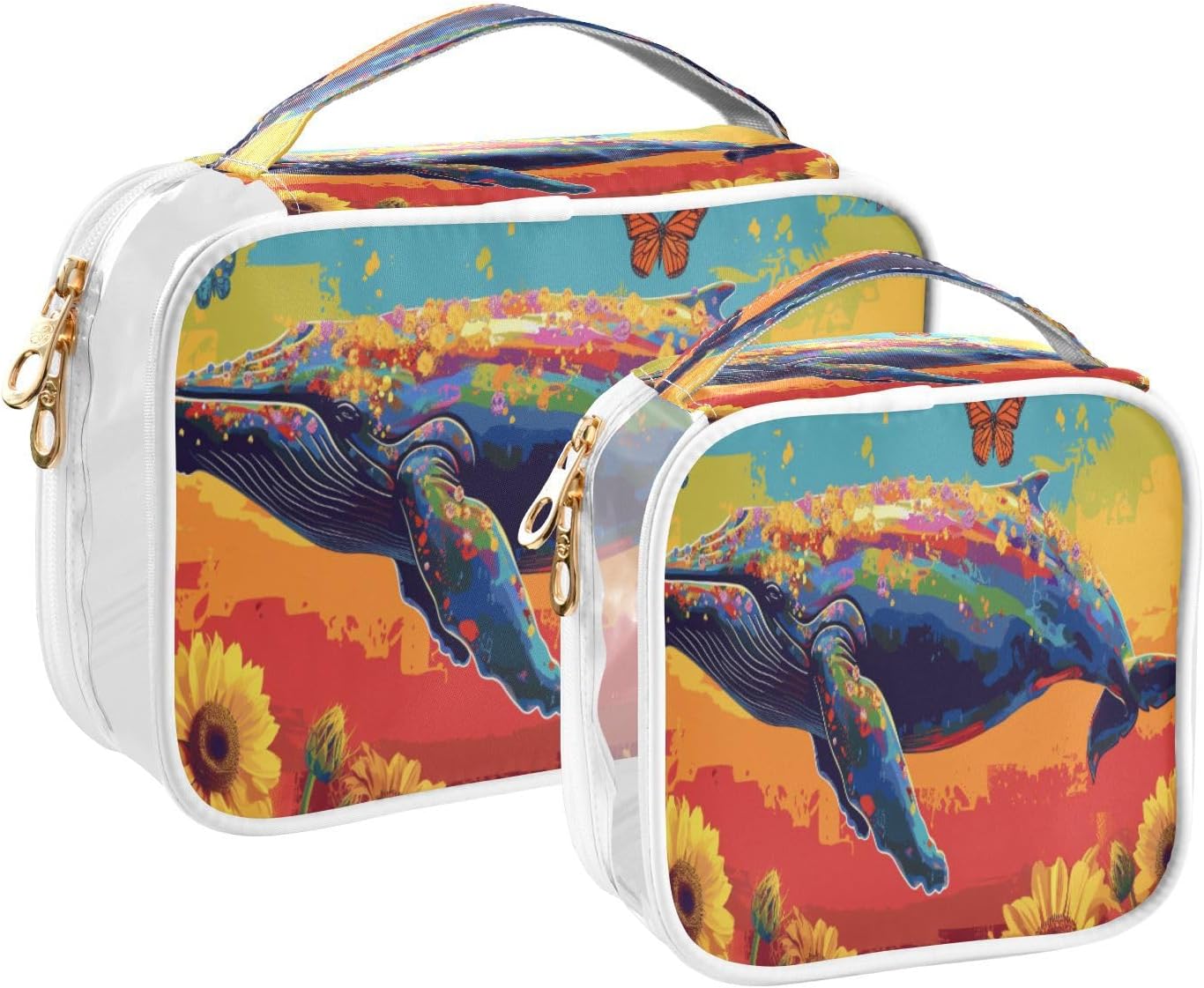 Transparent Travel Organizer Set (2-Pack) - Waterproof PVC Cosmetic & Toiletry Storage Bags with Double Zippers for Home, Trips, and Essentials Organization - Whale (1)