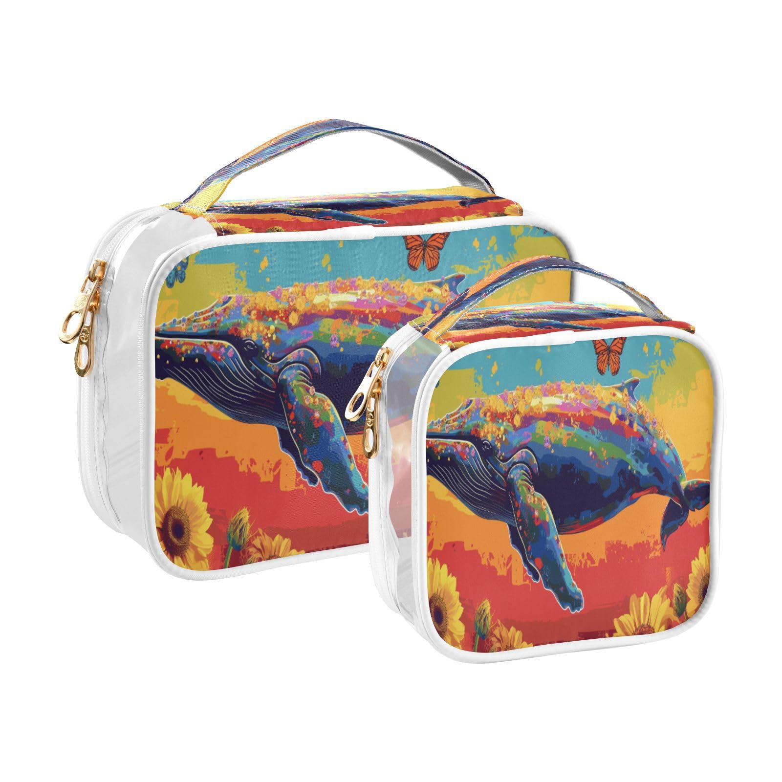 Transparent Travel Organizer Set (2-Pack) - Waterproof PVC Cosmetic & Toiletry Storage Bags with Double Zippers for Home, Trips, and Essentials Organization - Whale (1)