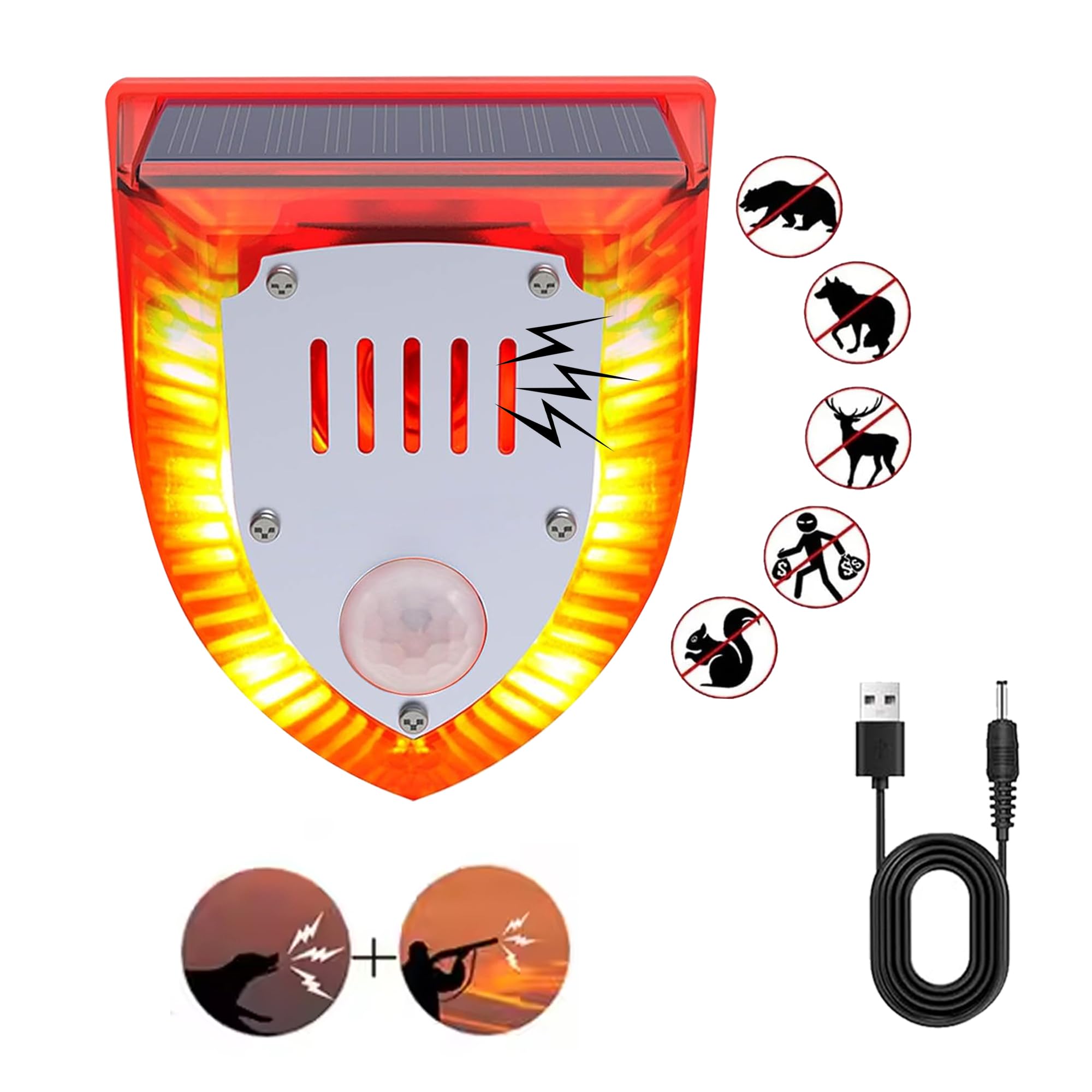 QXMH Solar Outdoor Motion Sensor Alarm: 129db Dog Barking & Gunshot Sound,Loud Motion Detector Noise Maker,Barking Dog Alarm Strobe Light Warning Lamp (911V 1 Pack)