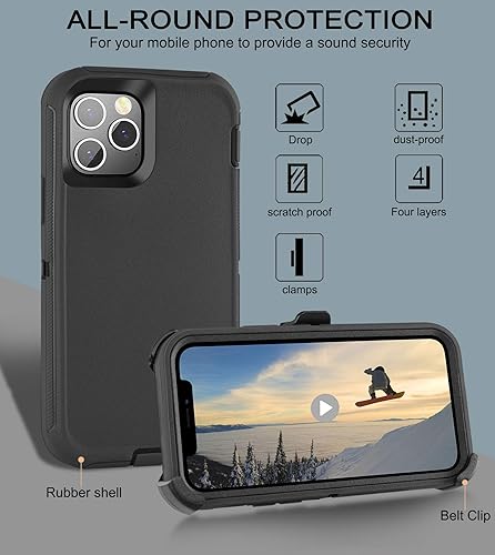 Miniatura 5 de Funda para iPhone 12 Pro Max de 6.7 pulgadas, funda con clip para cinturón con 2 protectores de pantalla, cuerpo completo, resistente, grado