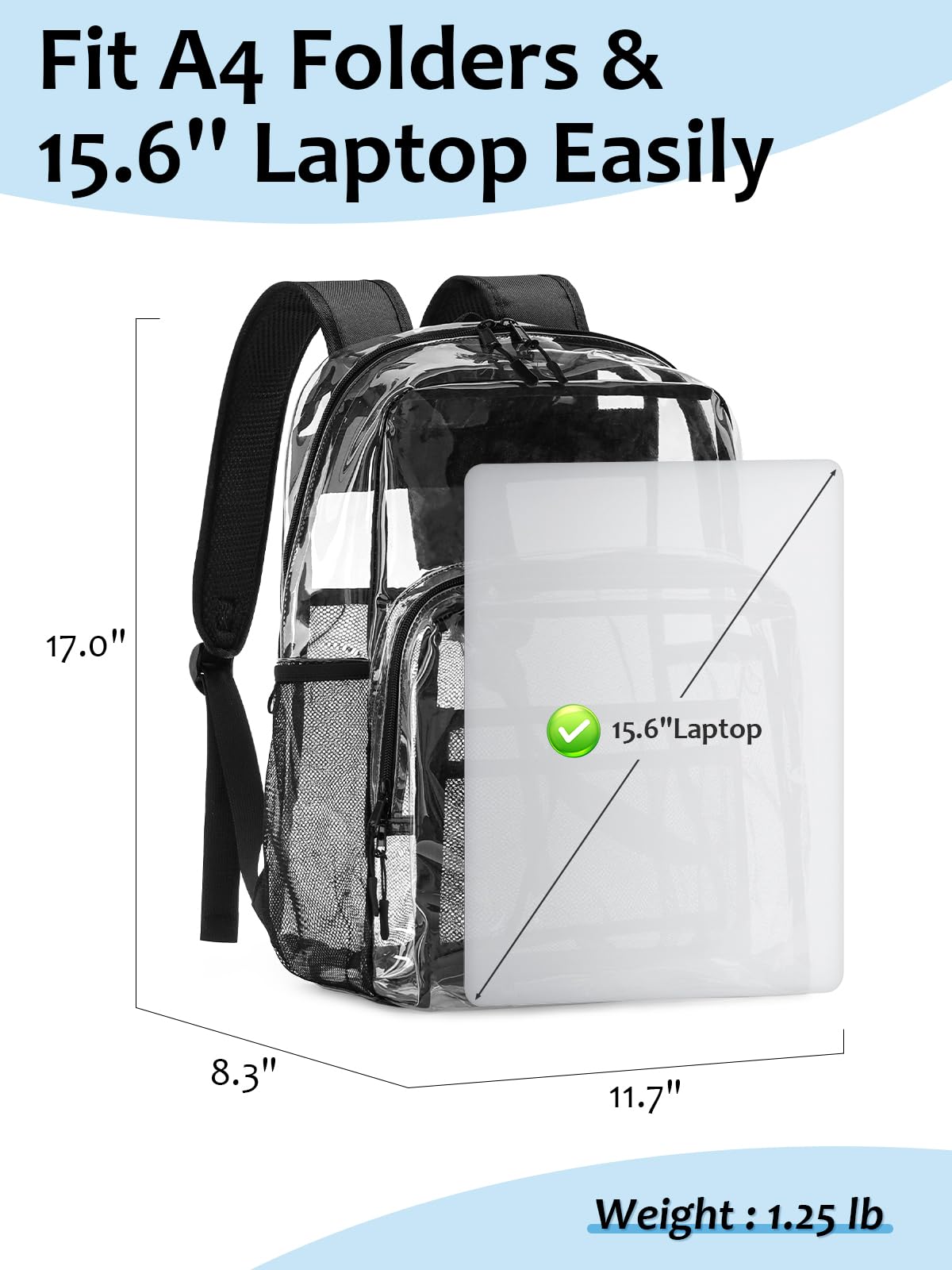 Zaino trasparente per la scuola, 17 pollici grande resistente TPU trasparente Bookbag per ragazzi ragazze adulti per college casual, nero, Large, Trasparente
