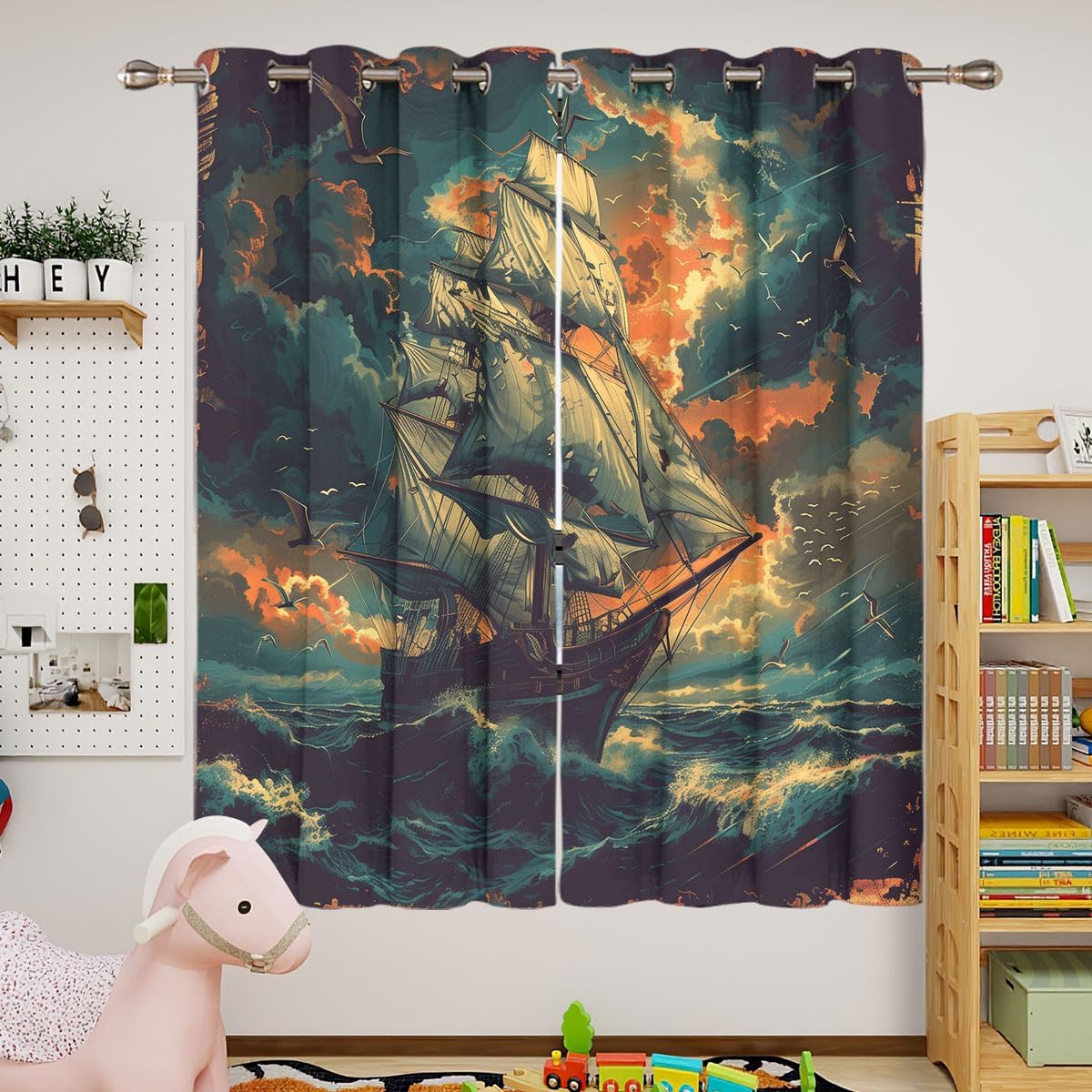 Nautical Sailboat Blackout Curtains for Girls Boy Home Decor, Ship Anchor Pirate Ship Compass Grommet Thermal Insulated Drapes Darkening Window Curtain for Bedroom Living Room, 42 x 63 Inch