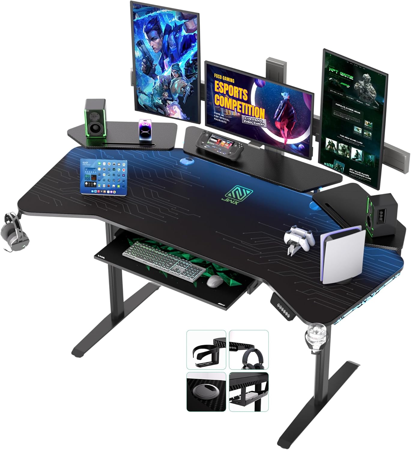 JWX 72" Height Adjustable Gaming Desk, 3-Zone Creator Workstation with Acrylic RGB Lighting, Keyboard Tray & Full Desk Mouse Pad, Dual Motor Sit Stand Desk for Streaming, Studio & Home Office