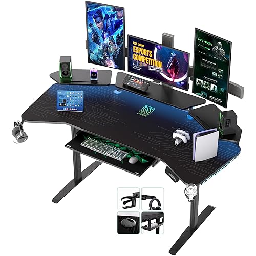 JWX Dual Motor Standing Gaming Desk with Aluminum Alloy Led Lights, 72'' Wing Shaped Large Gaming Studio Music Desk with Slot Design Shelves, for Streamer, Social Media Influencer & Music Recording
