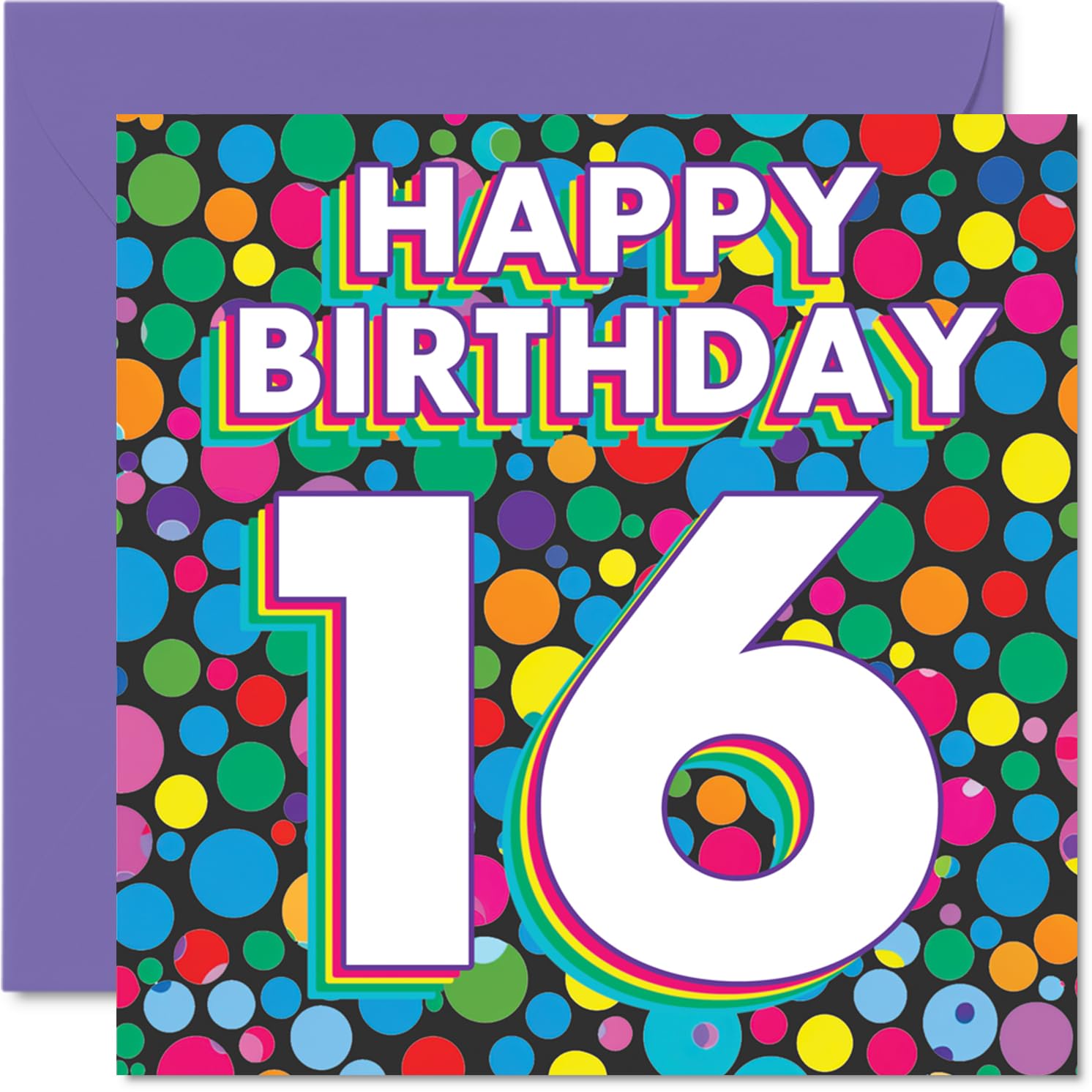 16th Birthday Cards for Boys Girls - Funky Rainbow Dots - Happy Birthday Card for 16 Year Old Boy Girl Daughter Niece Nephew Son, 145mm Bday Greeting Cards