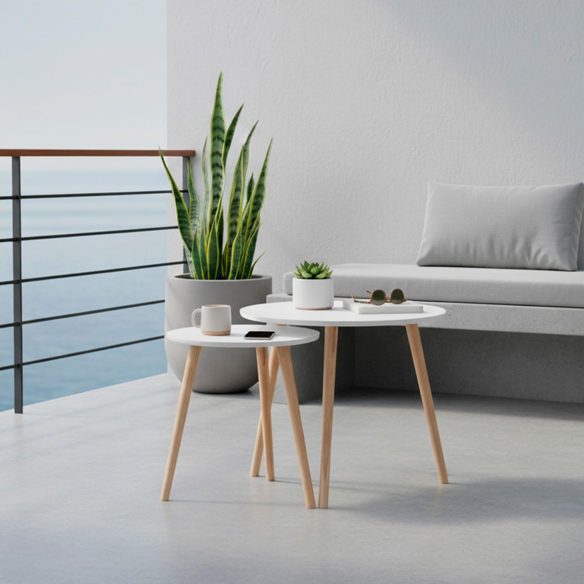 AKTIVE Max Home Set di 2 tavolini, D50xH50 cm e D40xH44 cm, Portata massima 5kg, Nido, Bianco, Gambe in legno naturale, Per soggiorno, Sala da pranzo, Ufficio (18510)