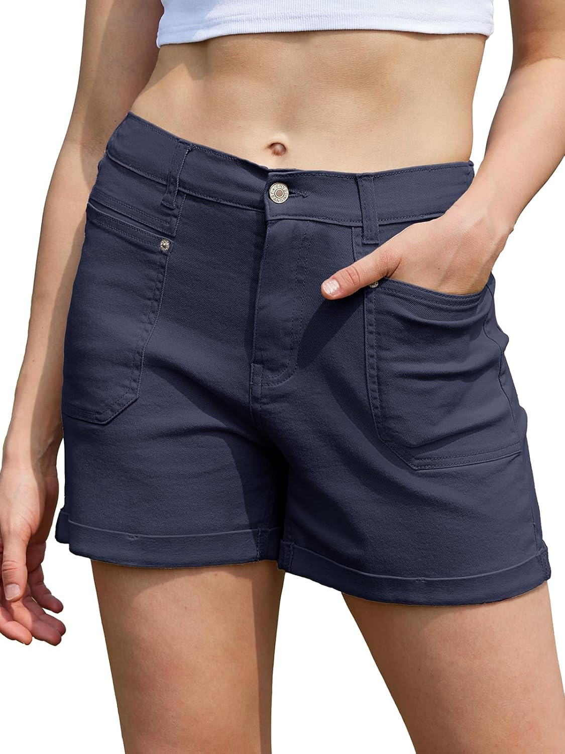 Rasutina Women High Waisted Jean Shorts Stretchy Denim Shorts for Women Folded Hem Chino Shorts Summer Jorts