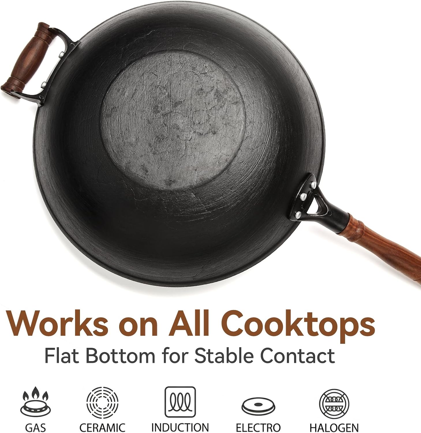 WANGYUANJI 13.4 Inch Cast Iron Wok Pan with Lid, Flat Bottom Uncoated Stir Fry Skillet, Heavy Duty Chinese Iron Pot for Family Cooking, Induction & Gas Stoves Compatible