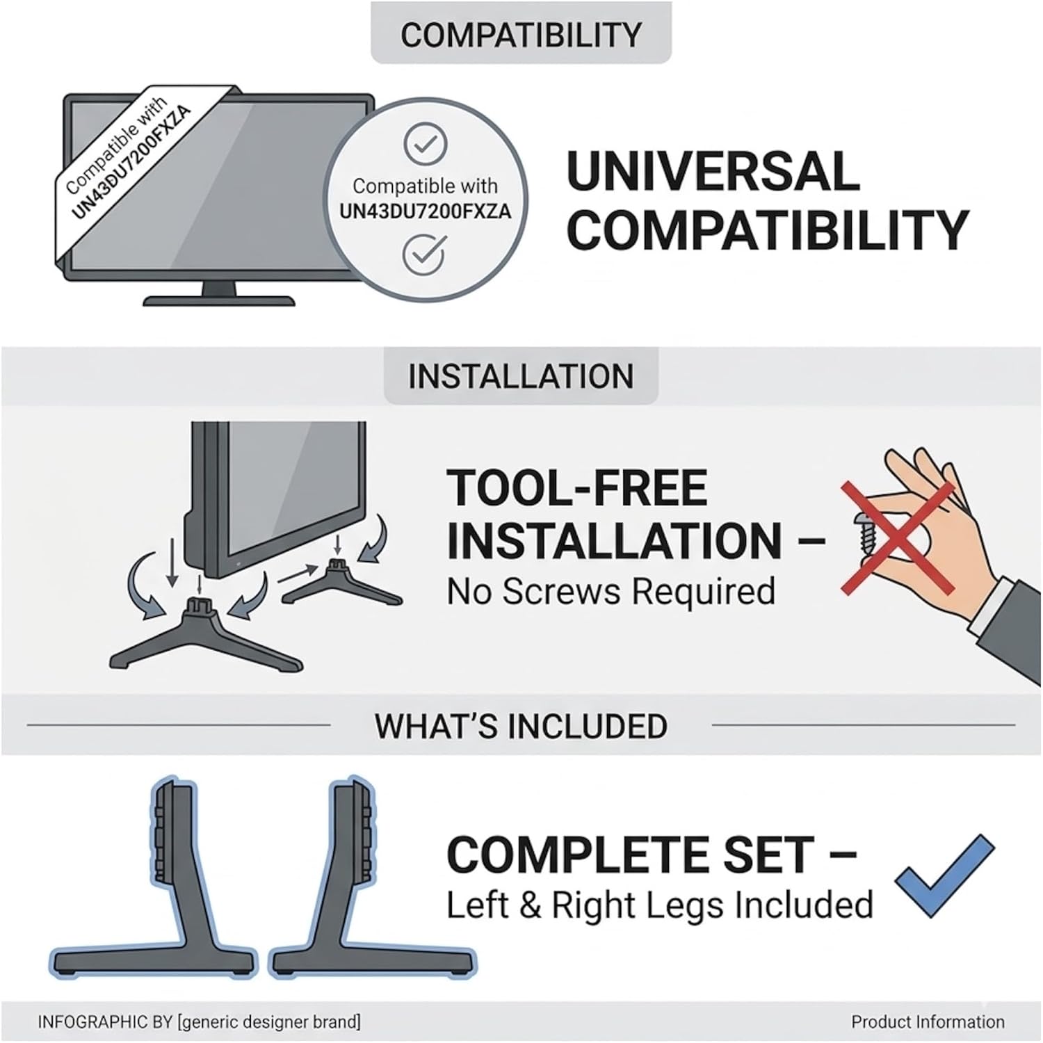 Replacement TV Stand Base Legs Compatible with Samsung 43" UN43DU7200FXZA – No Screws Required for Installation