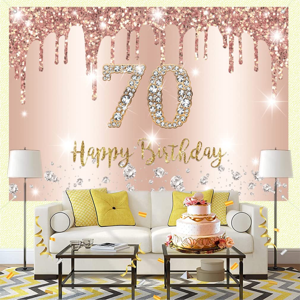 Elicola Festone per 70° compleanno con decorazioni in oro rosa Happy 70th Birthday Banner con vortici appesi stelle filanti per donne forniture per decorazioni per feste di anniversario