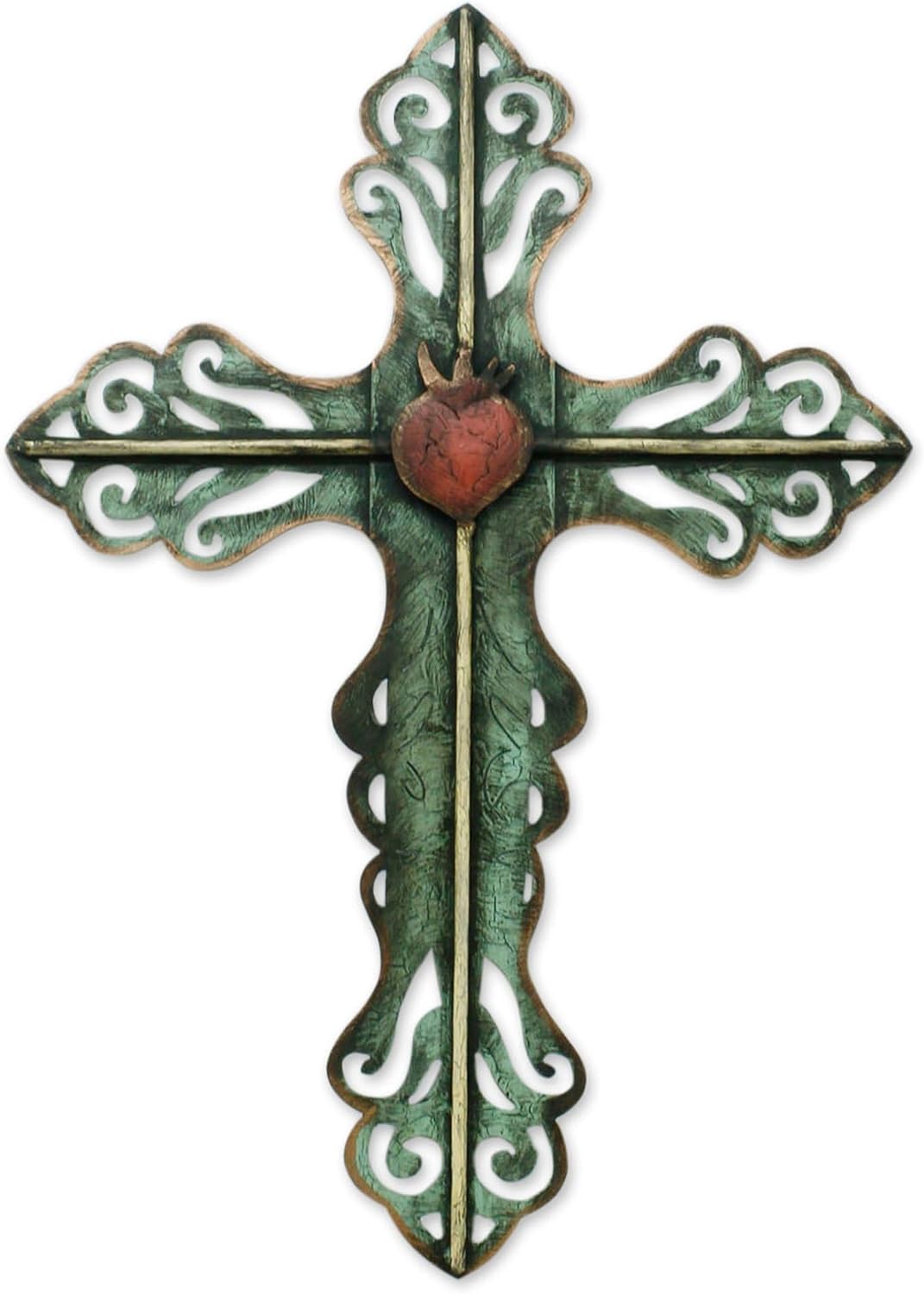 NOVICA Handmade Steel Wall Art Hand Made Cross Green Religious Sculpture Mexico Red Decor Crosses Christian 'Jesus Sacred Heart on Fire with Divine Love'