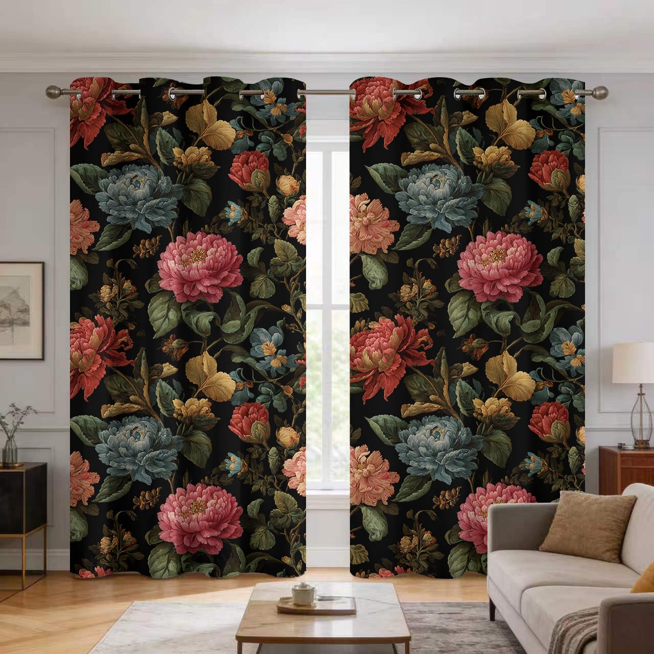 Rideaux occultants thermiques au motif pivoines baroques pour sublimer votre salon