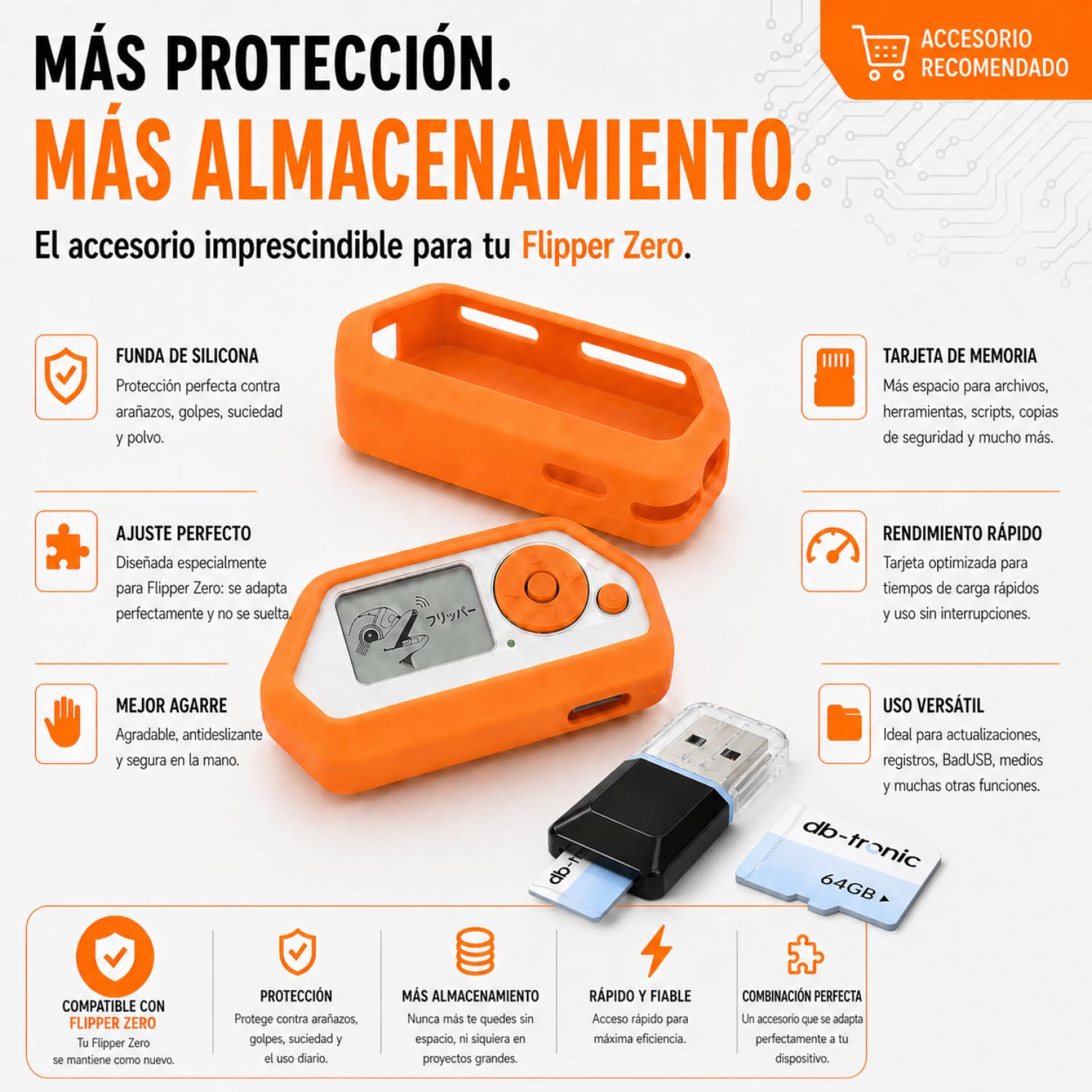 Flipper Zero Starter Full Set | Flipper Zero | Placa de Desarrollo WiFi | Funda de Silicona | Tarjeta de Memoria 64 GB | Lector de Tarjetas USB