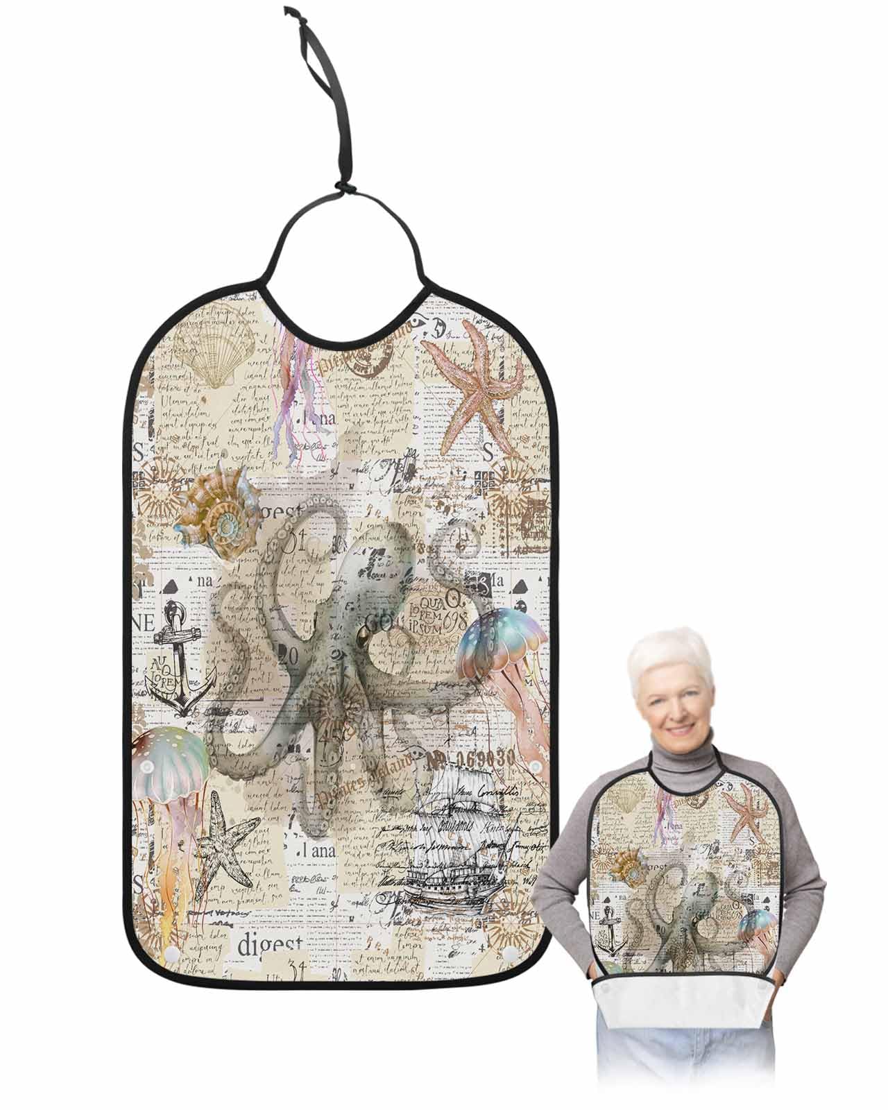 LEOKOTI Coastal Octopus Adult Bibs for Eating, Waterproof Bibs with Food Catcher & Adjustable Snap Closure, Vintage Nautical Summer Beach Starfish Washable Clothing Protectors Adult Bibs for Elderly