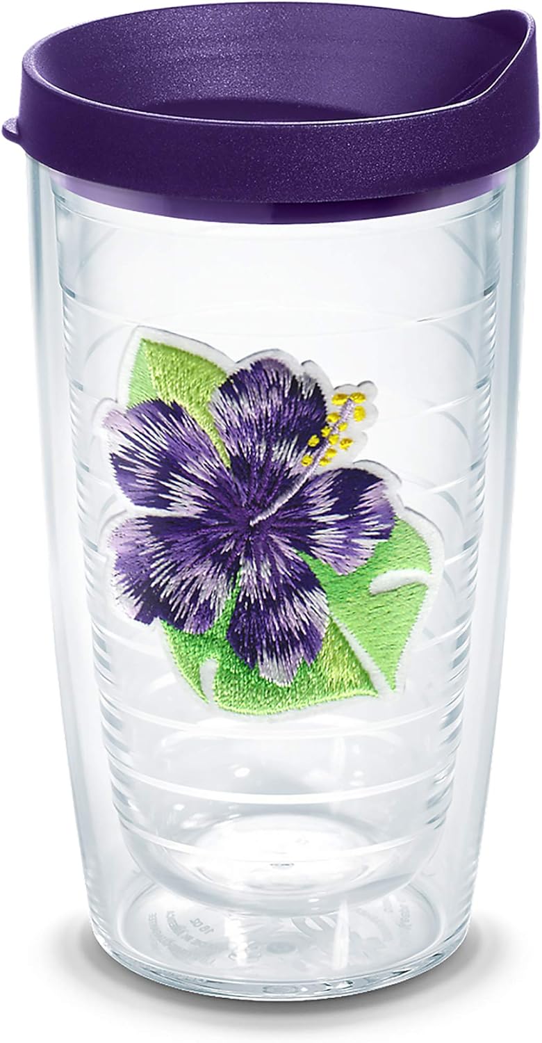 Tervis Tropical Hibiscus Collection Made in USA Double Walled Insulated Tumbler Travel Cup Keeps Drinks Cold & Hot, 16oz, Island Hibiscus Purple