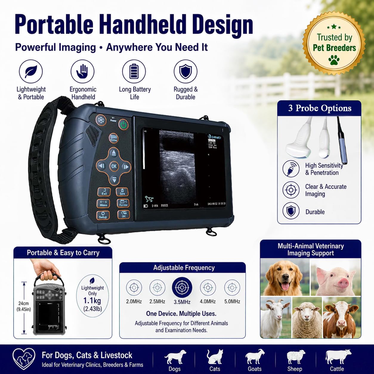 DAWEI S1 Macchina veterinaria ad ultrasuoni per scanner portatile di gravidanza con sonda convessa da 3,5 MHz sonda impermeabile per maiale, pecora, cane, gatto, bestiame, uso dell'animale domestico