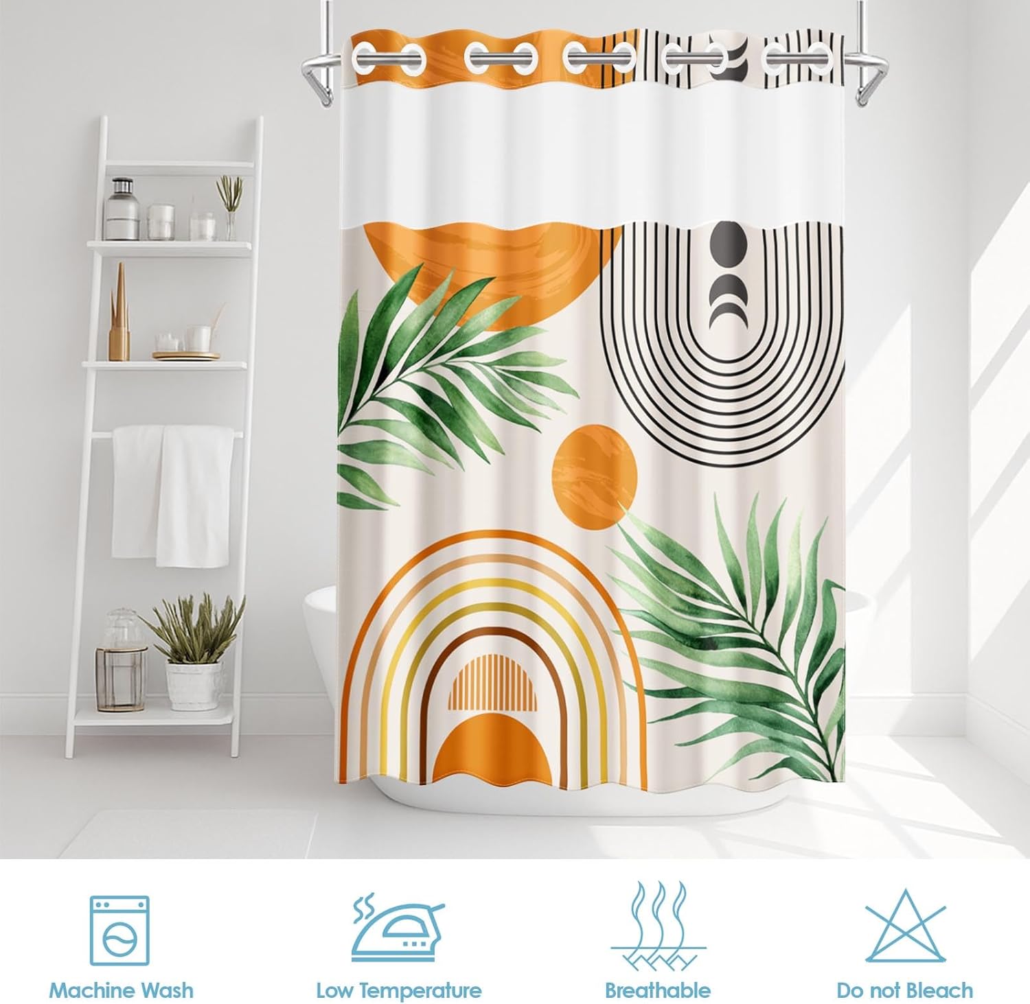No Hook Boho Geometric Shower Curtain with Snap in Fabric Liner Set, Abstract Sun Moon Leaf Double Layers Waterproof with See Through Top Window Bath Curtain 71x74 Inch