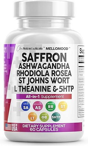 Suplementos limpios de azafrán con Ashwagandha 8000mg - Apoyo al estado de ánimo con L-teanina 200 mg, Ginkgo Biloba 6000 mg, hierba de San Juan