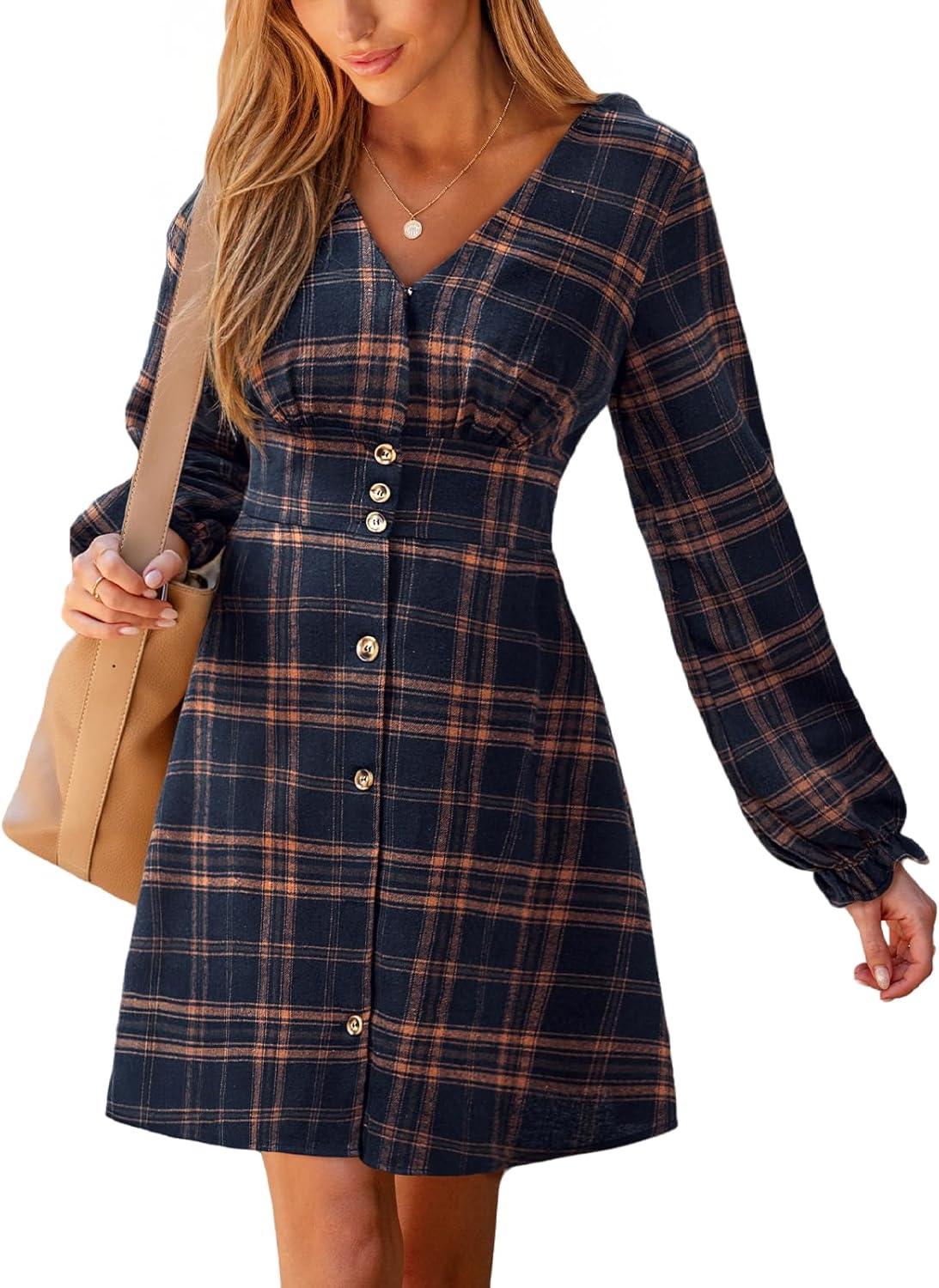 CUPSHE Women's Fall Casual Dress Long Sleeve V Neck A Line Button Mini Dresses