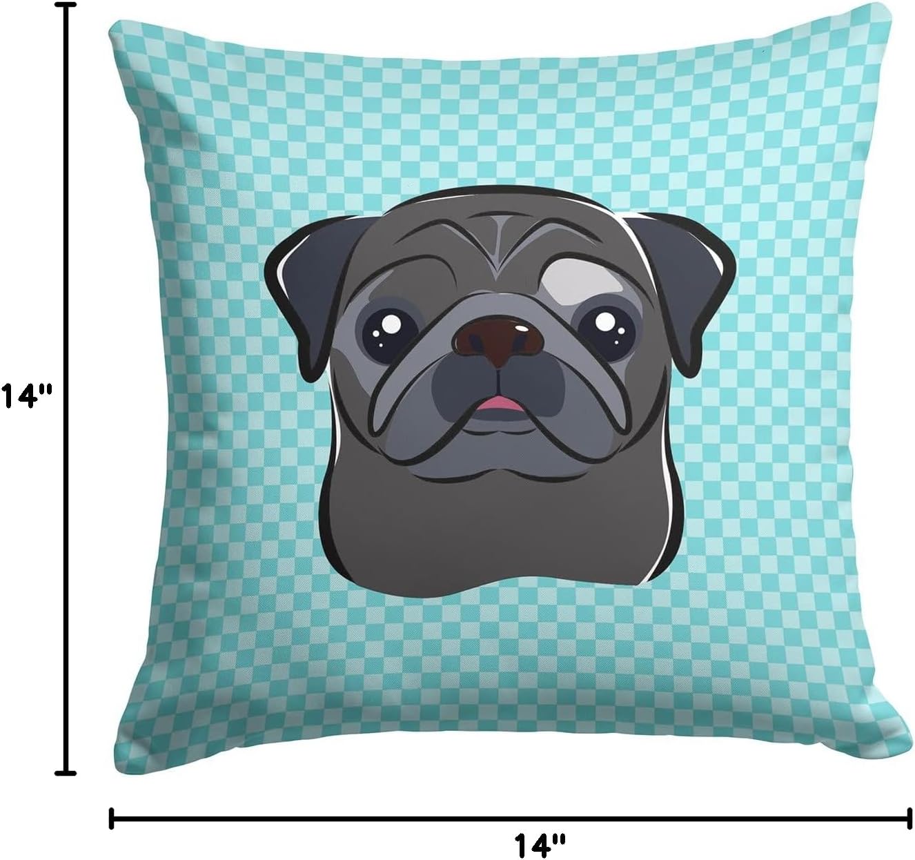 Caroline's Treasures BB1201PW1414 Checkerboard Blue Black Pug Fabric Decorative Pillow Machine Washable, Indoor Outdoor Decorative Pillow for Couch, Bed or Patio, 14Hx14W